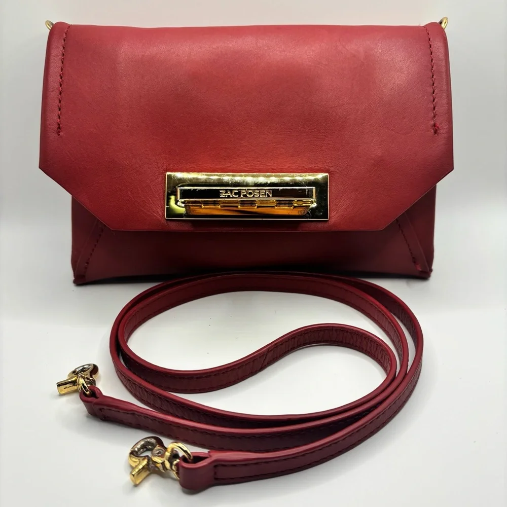ZAC Zac Posen Red Leather Crossbody Clutch Gold Lock Earthette Style Bag